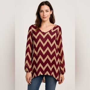 Charming Charlie Chevron Tunic Blouse Women’s Small | Burgundy Cream Boho